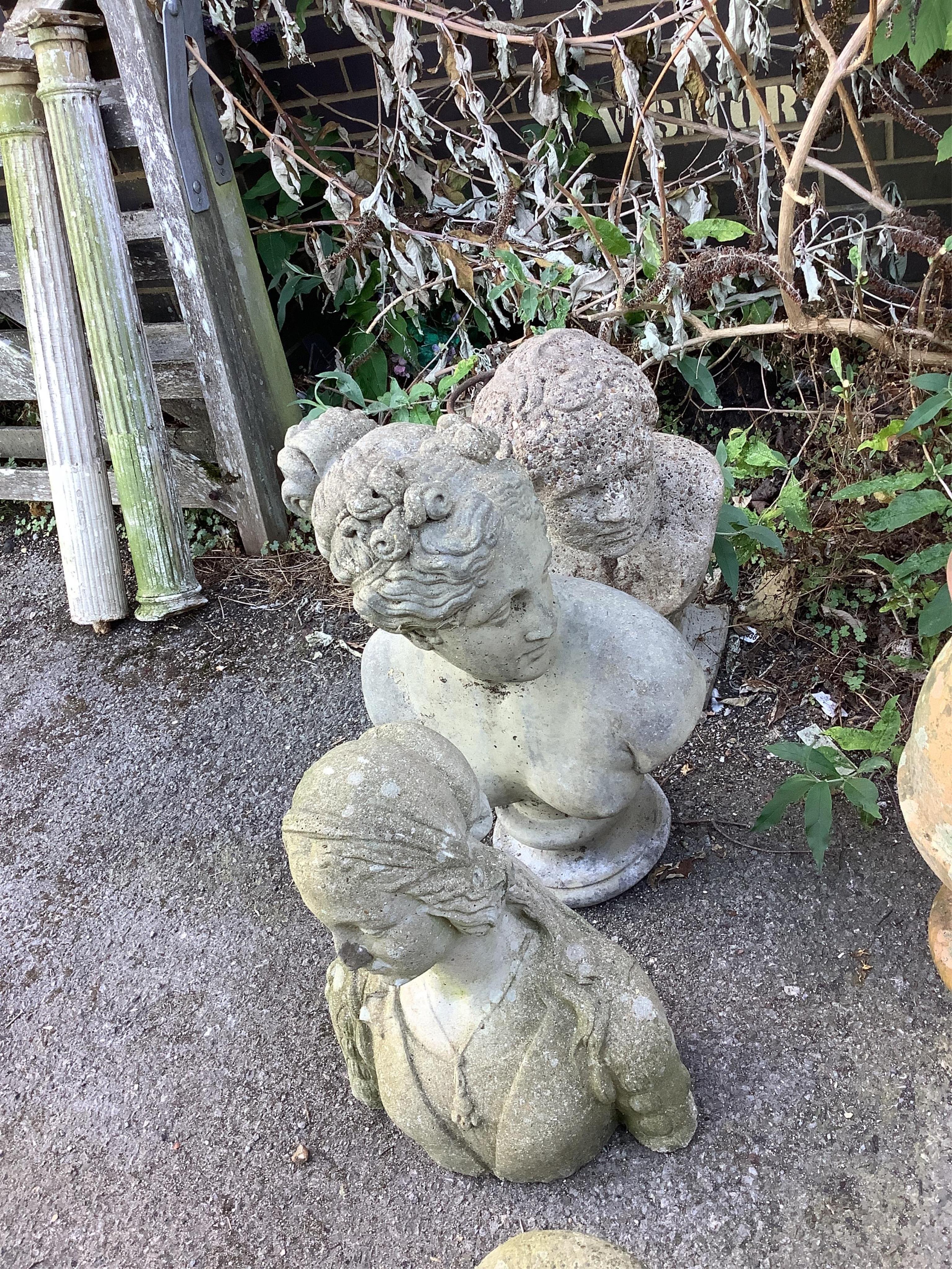 Three reconstituted stone garden busts, largest height 66cm. Condition - fair